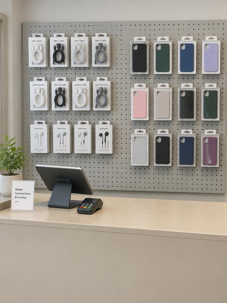 Checkout counter with accessories on a pegboard