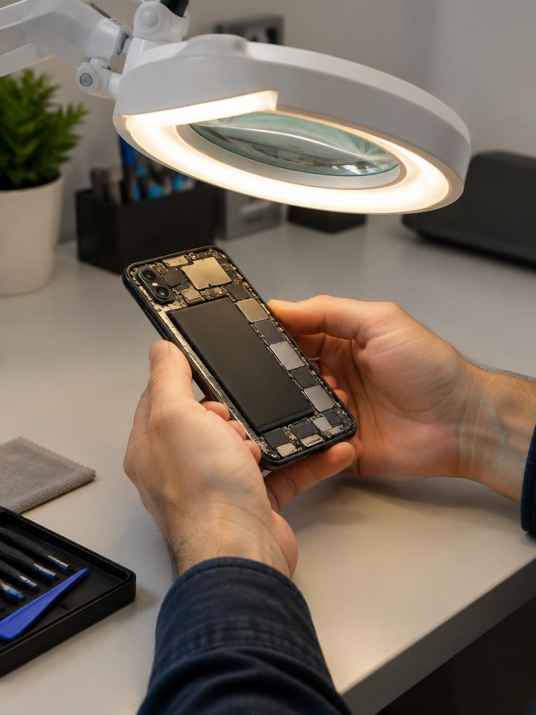 Inspecting a phone under a magnifier lamp