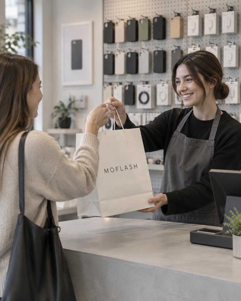 Cashier handing a MOFLASH shopping bag to a customer at the counter