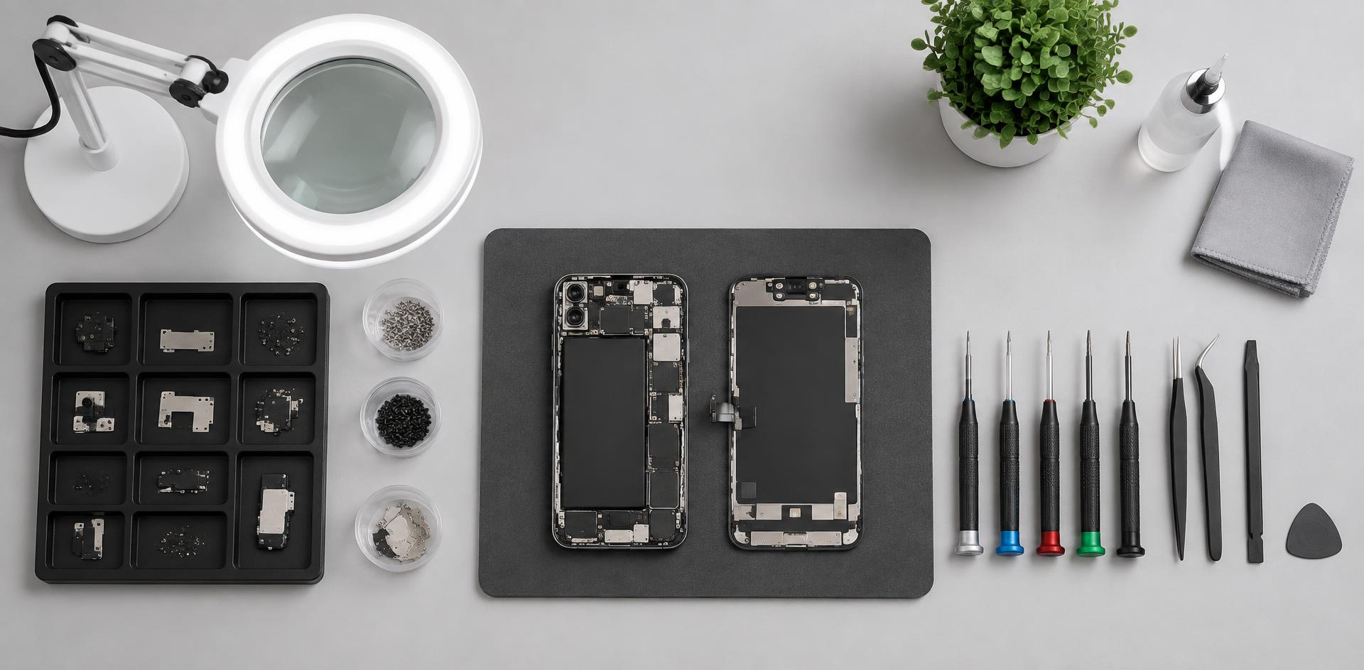 Smartphone repair bench with tools and an opened phone